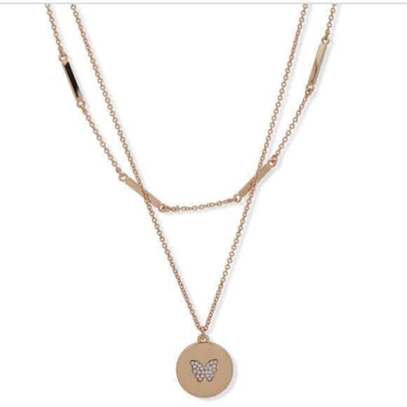 NWT Dkny Gold-Tone Bar & Pave Butterfly Layered Pendant Necklace - Picture 1 of 3